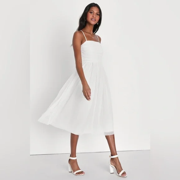 Lulus-Darling Sweetheart White Swiss Dot Ruched Midi Dress - Picture 3 of 5